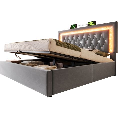 Lit coffre 180x200 cm en velours gris avec LED, ports USB et USB-C, tête de lit réglable, sommier inclus, rangement hydraulique, moderne - CHICFURN (1/5)