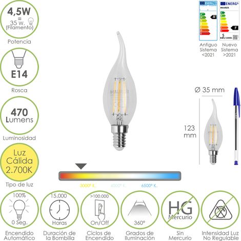 Bombilla Led Filamento Vela Llama E14. 4,5 Watt. Equivale A 35 Watt. 470 Lumenes. Luz Calida 2700º K.