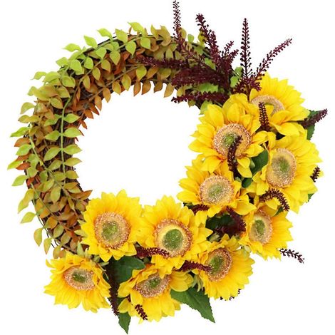 40 cm großer künstlicher Sonnenblumenkranz mit grünen Blättern, halbdeckend, Sommer-, Herbst- und Erntedankfest-Girlande für die Haustürdekoration