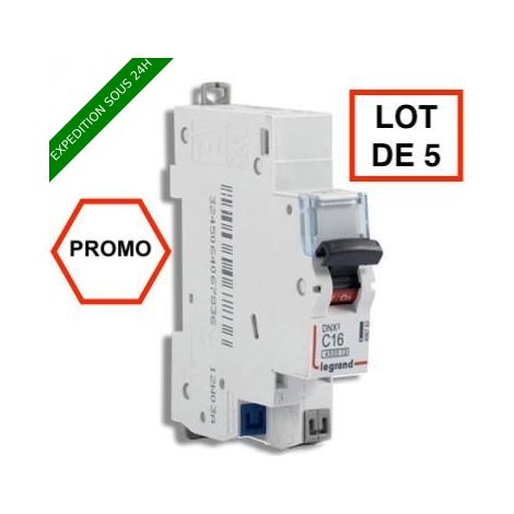 Legrand – Disjoncteur bipolaire 16A auto PH+N courbe C 4.5kA 230V – Protection contre courts-circuits – Lot de 5 unités