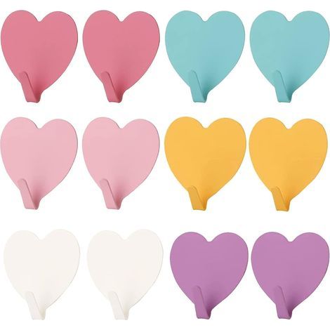 12 Pièces Crochets Adhésifs en Acier Inoxydable - Forme de Cœur Colorés, Étanche pour Salle de Bain - Patère Murale (1/5)