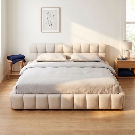 Lit adulte 160x200, lit double avec dossier moelleux, lit plat avec bordure rembourrée, tissu lin, sommier à lattes inclu(160x200, Beige)