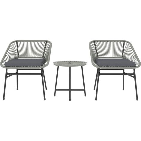 Outsunny 3 Pieces Rattan Bistro Set, Wicker Small Garden Table and Chairs Set with Cushions and Glass Top Coffee Table, Bistro Garden Furniture Set for Outdoor, Patio, Balcony, Light Grey