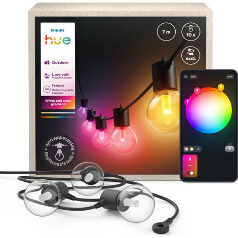 Philips Hue Festavia Guirlande lumineuse d'extérieur avec 10 ampoules globe - 7 mètres, extension Lumière blanche et colorée - IP65 - White and Color Ambiance
