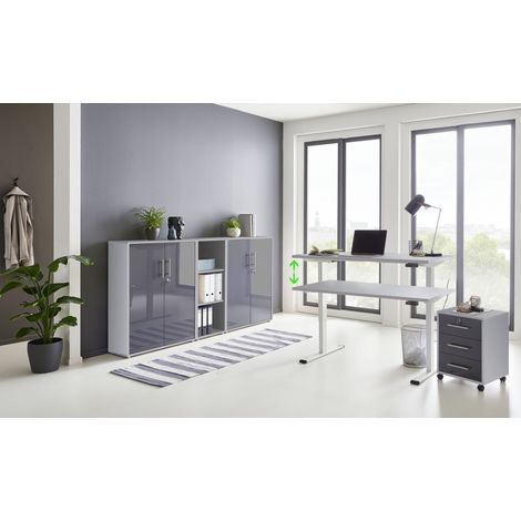 BMG Möbel Büromöbel komplett Set mit elektrisch höhenverstellbaren Schreibtisch Arbeitszimmer e-Dition in lichtgrau / anthrazit Hochglanz lackiert Gestell weiß
