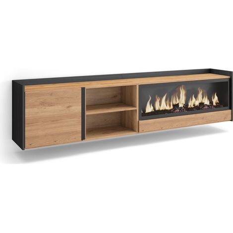 Skraut Home - Mueble TV, Televisión, Muebles de salón, almacenaje, 212x35x50cm, Para TV hasta 80", Chimenea eléctrica XXL, Colgado, Suspendido, Estilo Moderno, Roble y negro (1/5)