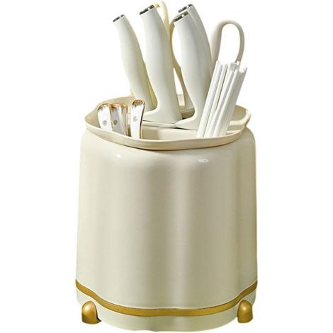 Porte-couteaux rotatif à 360° pour plan de travail, porte-ustensiles multifonctionnel et élégant de grande capacité, beige (1/5)