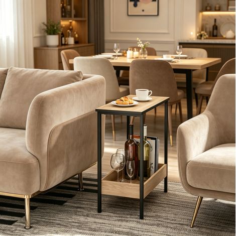Tavolino 50/55/25 cm nero e rovere chiaro con 2 ripiani e bordi rialzati (1/5)