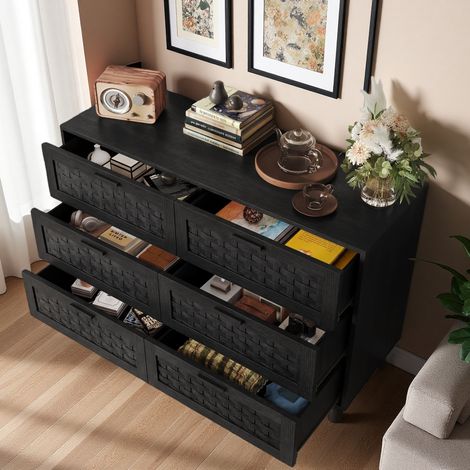 Commode moderne à 6 tiroirs 115×40×80cm, tiroirs en rotin, grande capacité, armoire de chambre, conception anti-basculement, cadre en bois, convient pour le salon ou l'entrée, Bois,Noir