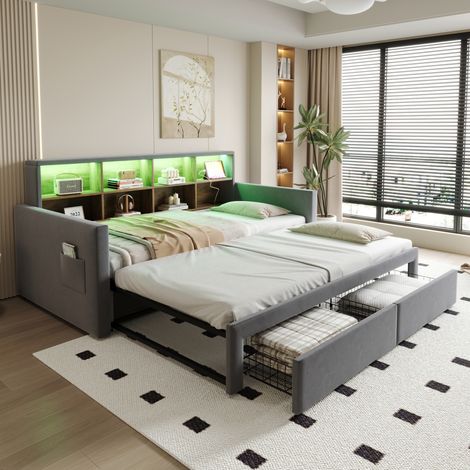 lit adulte canapé lit rangement 90x190 velours gris HAVRYA (1/5)