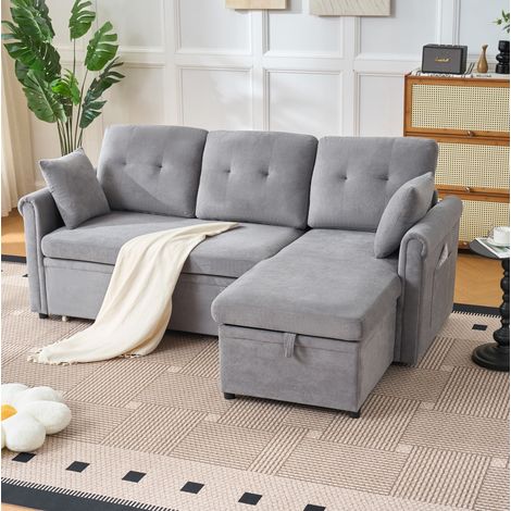 Canapé d'angle convertible avec coffre, réversible, en chenille gris HAVRYA (1/5)