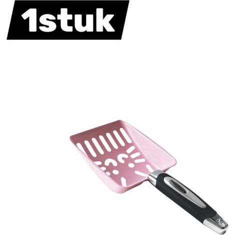 Pelle à litière pour chat - Acier inoxydable - Tamis - Hygiénique et durable - Facilite le nettoyage du bac à litière - Motif chat - Rose (1/5)