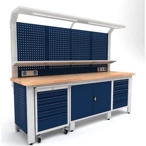 Établi d'atelier industriel 2560 mm PRACO W T64 – Plateau en hêtre massif - Éclairage LED - Tiroirs et armoire MW Tools PRAW2500T64 (1/2)