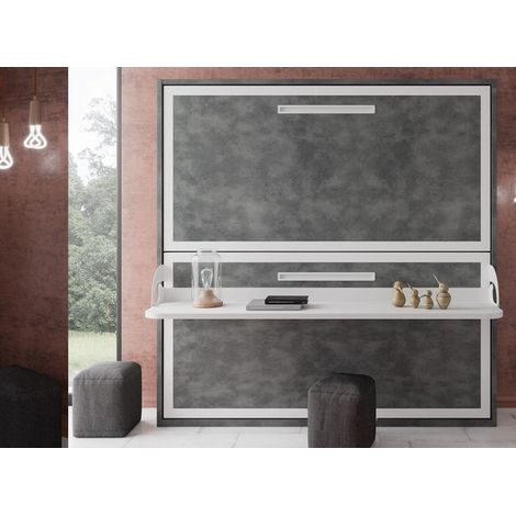 Lit superposé escamotable avec bureau Melina 90x190-Coffrage Blanc-Façade Gris ciment (1/5)