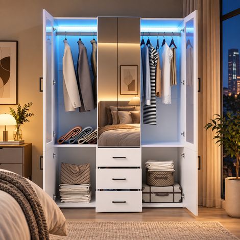 Armoire 130 x 51,8 x 181,5 cm avec led – 2 portes vitrées et 2 portes pleines – 3 tiroirs – 2 penderies, blanche en bois, moderne (1/5)