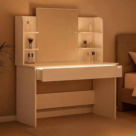 Coiffeuse avec miroir – LED – 110 x 40 x 140 cm – 1 tiroir + 3 compartiments – Éclairage par capteur – Blanc – Idéal pour chambre et dressing (1/5)