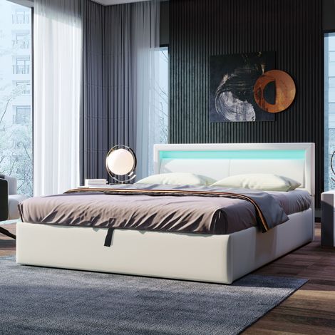 Lit rembourré LED 140 x 200cm blanc simili cuir, cadre à lattes, espace de rangement, tête de lit avec éclairage multicolore
