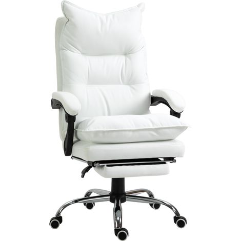 Chaise de bureau ergonomique avec accoudoirs, repose-pieds, pivotante et réglable en hauteur, revêtue de similicuir, blanche.