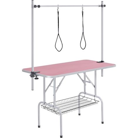 Homevive Mesa de Peluquería Mesa Peluqueria Canina para Mascotas Grande 118x60x177cm Plegable Mesa de Aseo para Perro Canina Altura Ajustable Rosa