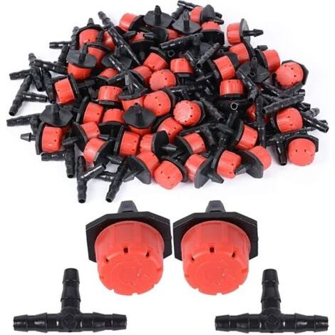 200pcs Goutteur Irrigation Réglable+Tee Joint de Tuyau Système D'arrosage Automatique Goutte à Goutte Micro Gicleurs Drippers pour Plante Serre,noir,2515cm (1/4)
