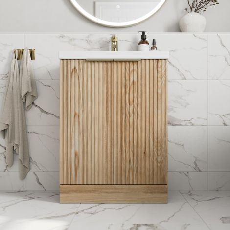 Fluted 600mm Bathroom Vanity Unit Basin Floorstanding Cupboard Soft Close Oak (1/5)
