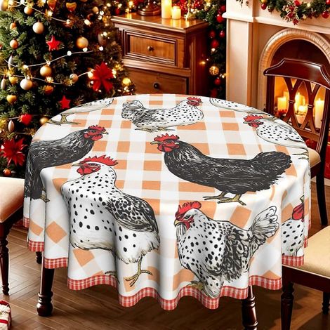 Nappe ronde à carreaux orange et imprimé poules noires (1 pièce), nappe légère pour cuisine de style campagnard, idéale pour la Saint-Jean. (1/4)