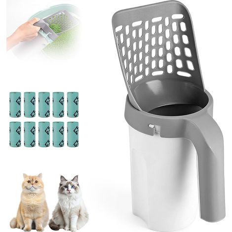 Pelle Litière Chat avec Support & Sacs Poubelles, Pelle Crottes Portable pour Animaux, Ramasse Déchets Gande Capacité, Accessoire pour Chat, Pelle Litiere Intégrée Multifonctionnelle (1/5)