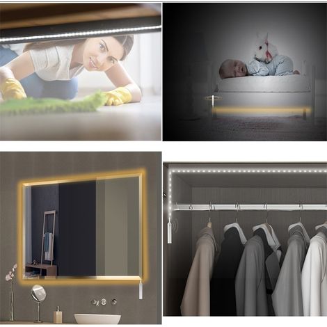 Bande LED sans fil avec détecteur de mouvement, alimentée par piles, veilleuse de 1 m, 2 m ou 3 m, pour placard, armoire, escalier ou couloir. (1/5)