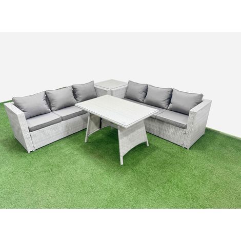 Fimous Rattan Garden Furniture Dining Set 6-seater Patio Rectangular Table 3 Seater Sofa Set with Side Table Light Grey (1/4)