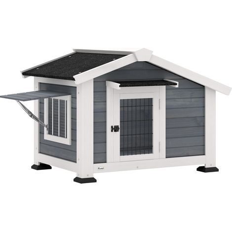 Niche pour chien extérieur - PawHut - plancher amovible, auvent de porte et toit imperméable - bois - 98x76x69,5cm - gris