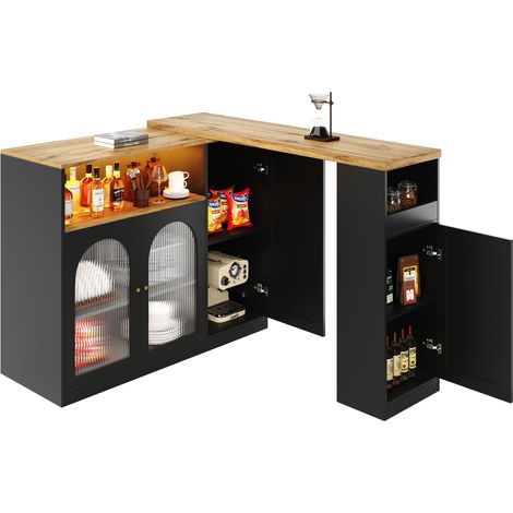 Meuble bar rotatif 360° avec corps principal 198x39,6x97 cm, armoire noire mate et bureau imitation bois, porte vitrée avec éclairage LED, buffet, cave à vin, coin café (1/5)