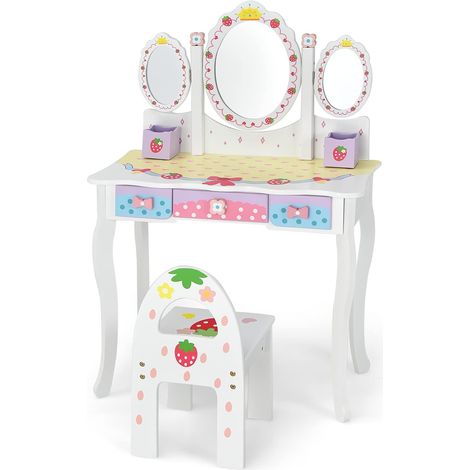 Costway – Coiffeuse enfant 2 en 1 avec miroir amovible – 3 tiroirs et 2 boîtes de rangement – MDF solide – Dimensions 70 x 34 x 105 cm – Pour chambre fille