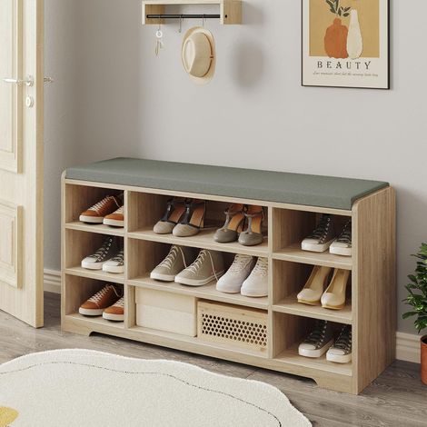 Banc à chaussures avec coussin – Rangement 9 compartiments – Dimensions 30 x 103 x 52,7 cm – Panneau de particules – Couleur chêne blanc (1/5)