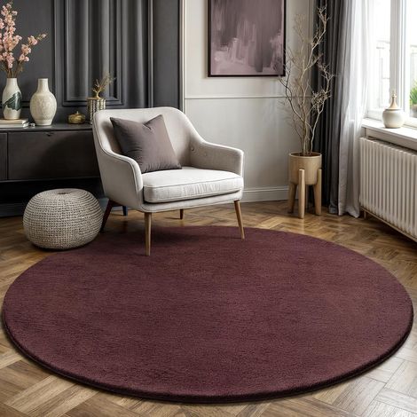 Tapis Moderne Moelleux à Poils Courts, antidérapant, Lavable Jusqu’à 30°C, Super Doux, Aspect Fourrure, pour Salon et Chambre, décoratif, Bordeaux, 160 cm Rond (1/5)