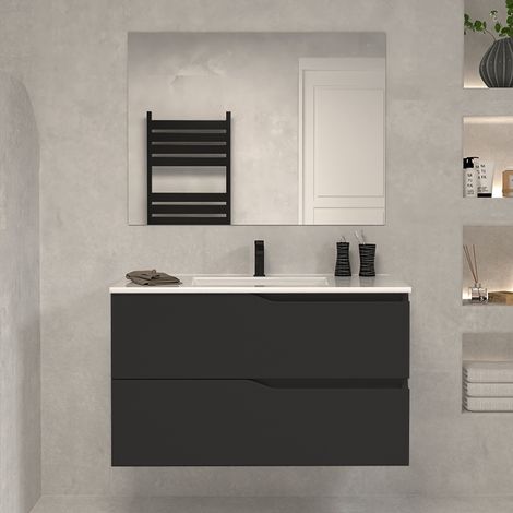 Meuble sous vasque seul, 2 tiroirs, 70cm, pour simple vasque - noir - LUNA