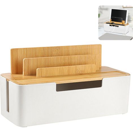 Caja organizadora de cables con cubierta de bambú, caja para toma de corriente de escritorio, apta para teléfonos móviles, tabletas y otros dispositivos, color blanco. (1/3)