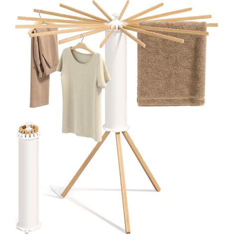 Séchoir à linge pliable portable gain de place 112 x 112 x 122 cm fonction pivotante style naturel en bois (1/2)