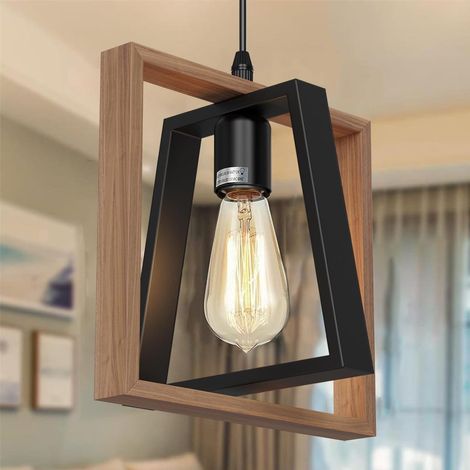 1 Suspension Luminaire Bois, Hauteur Réglable 100cm, Abat-jour Orientable 360°, Douille E27, Pour Cuisine Salon (1/5)