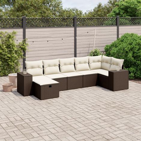 Ensemble Salon Jardin 7 Places en Résine Tressée Marron avec Coussins Crème - 8 Pièces Modulables (1/4)