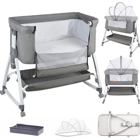Lettino 2 in 1 per neonati con regolazione dell'altezza a 6 livelli e ruote, letto aggiuntivo per casa e viaggio, 80 x 40 x 100-116 cm, grigio lino (1/5)
