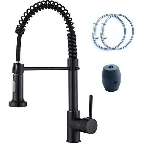 Robinet à ressort de cuisine, robinet mitigeur d'évier de cuisine avec pulvérisateur extractible, arc élevé, rotation à 360 °, poignée unique, deux modes de contrôle avec tuyaux, noir (1/5)