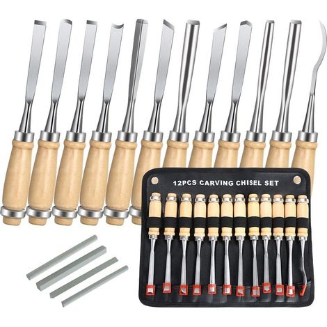Ciseaux a Bois, 12PCS Outil de Gravure Bois Kit, Décapage Couteau Sculpture sur Bois avec Manche en Bois et Moulinet, pour Débutants, Sculpteur, Charpentier, Amateur(4 Pierre à Aiguise (1/5)