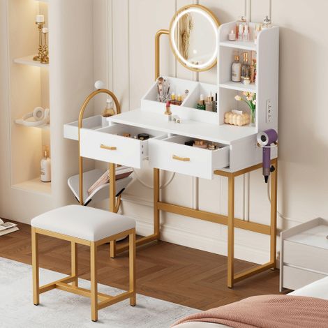 Coiffeuse Meuble avec Miroir LED et Tabouret,2 Tiroirs + 2 Surfaces de Rangement Ouvertes,Meuble coiffeuse,Moderne,Adulte,femme,fille,maison - Blanc (1/5)