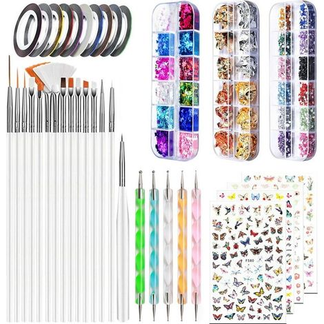 Ensemble de pinceaux pour nail art, accessoires pour nail art, kit de décoration d'ongles, stylo à points pour nail art, stickers pour ongles, paillettes papillon pour nail art