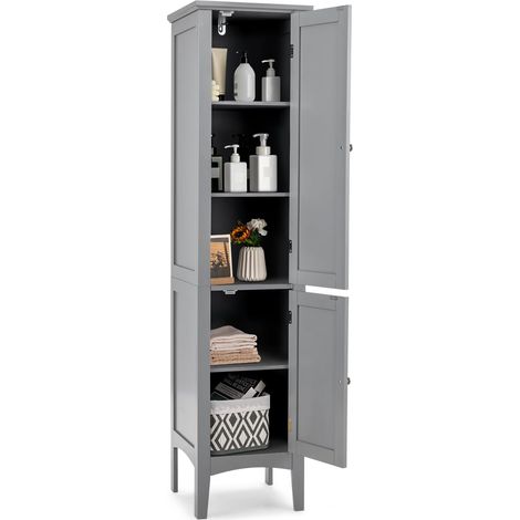 Goplus – Colonne de salle de bain 38x38x160 cm – 2 portes – 5 étagères amovibles – Dispositif anti-basculement – MDF gris