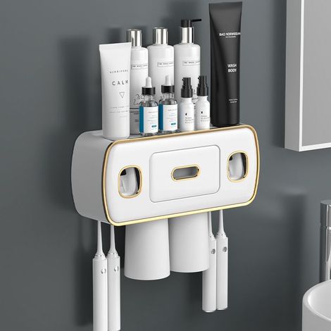 Support Mural pour Brosse à Dents avec Double Distributeur Automatique de Dentifrice,Porte Brosse à Dents Mural,avec 4 Fentes pour Brosse Dents,2 Tasses magnétiques,sans Perçage,Ivory (1/3)
