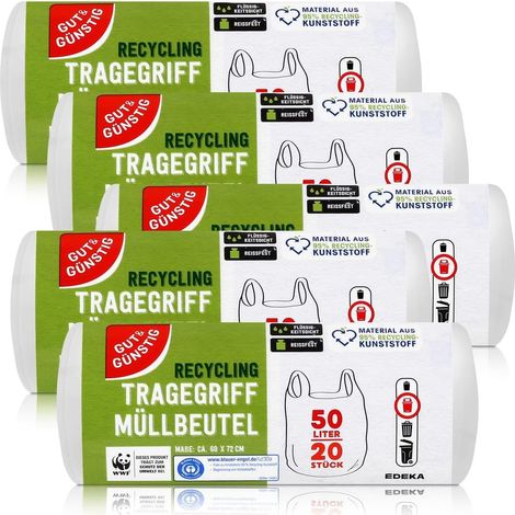 Lot de 100 sacs poubelle avec poignée, 50 litres, 20 pièces par rouleau, résistants à la déchirure et étanches aux liquides, produit et emballage recyclables - Paquet de 5 rouleaux (1/5)