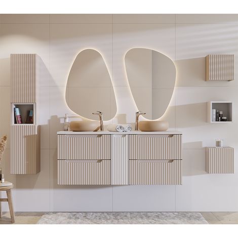 Badmöbel Set 7-teilig, 140cm Doppelwaschtisch, Beige und weiß, NEWPORT-56-CASHMERE (1/5)