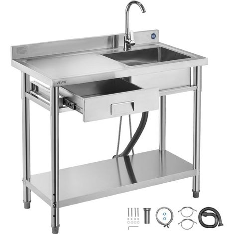 100x50x94 cm Évier Inox Professionnel Autoportant 1 Cuve avec Robinet Tiroir pour Garage Buanderie Cuisine (1/5)