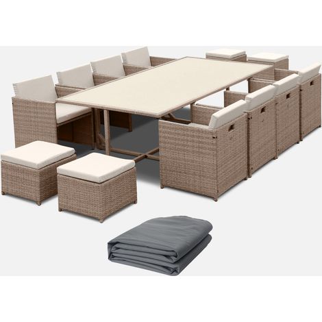 Mesa de jardín encastrable de resina trenzada 12 sillones + funda
